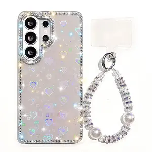 Glitter Transparent Protective Case For Samsung S24 S25 FE S26 S25 Plus S23 Ultra A16 A26 A36 A56 A17 A07 A15 A35 A55 5G Wrist Strap Lanyard Shockproof Laser Cover Protector Accessories