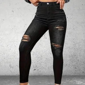 Elegant Style Women's Sexy High-Waist Skinny Jeans - Black Distressed Denim with Ripped Detailing, Stretch Fabric, Machine Washable, Slim Fit Womenswear Bottom Pants Streetwear Trouser Basic Cotton Minimalist
