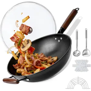 13 Inch Carbon Steel Nonstick Wok With Lid Flat Bottom Fast Uniform Heat Conduction Professional Chef Stir-Fry Cookware