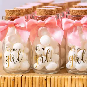Ethisa Its a Girl Vintage Milk Glass Bottles with Pink Ribbons and Stickers - Baby Shower Favor Gift Jars for Guests and Table Centerpieces for Flower