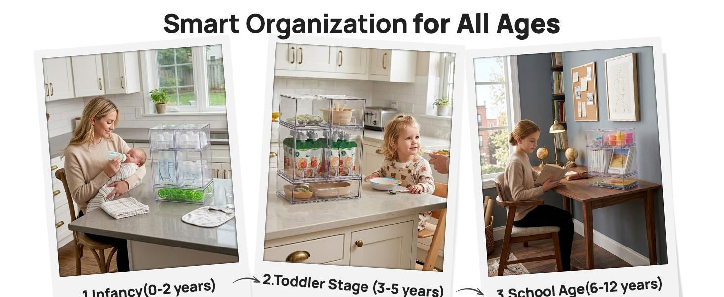 【Bottles Station】Vtopmart Stackable Nursery Set of 5/8 Clear Plastic Organizer Bins for Makeup Beauty Supplies Vanity Bathroom Cabinet Pantry, Multi-Size Flexible Design BPA-Free Safe Water&Dust Proof,dorm essentials,home decor