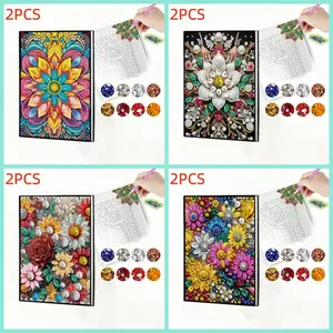 2PC Diamond craft notebook, diamond craft corner bookmark, Diamond painting kits, mandala flower pattern PU leather with crystal gemstone embellishment, suitable for home office writing, painting, bookmarking; DIY Kit for reading lovers