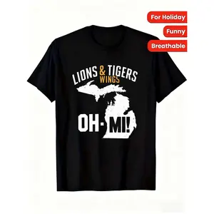 Michigan State Outline & Lions & Tigers Graphic T-Shirt - Funny Mitten Handprint Design, Breathable All-Season Comfort, Casual Short Sleeve Round Neck Tee for Men & Women, Michigan Pride Apparel for Holidays, Outdoor Activities & Casual Attire