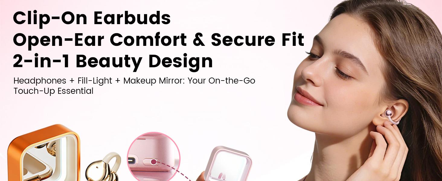 KEAI M161 Open Ear Headphones, Clip On Ear Earphones with Makeup Mirror, Bluetooth Wireless Earbuds for for Women Gifts, Sports & Workouts