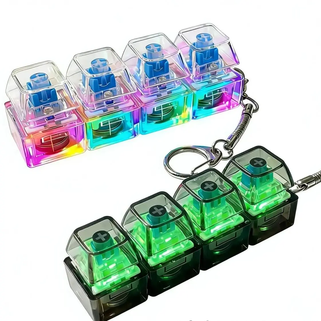 2026 New 2Pcs – 4-Button Stress Relief Clicker Glowing Toy with Crystal Keycaps Colorful LightsLED Light Up Keyboard Fidget Keychains , Compact Transparent Acrylic Decompression Gadget with Keychain Chain Ring Fun Pendant for Anxiety Adults Kids  Gift