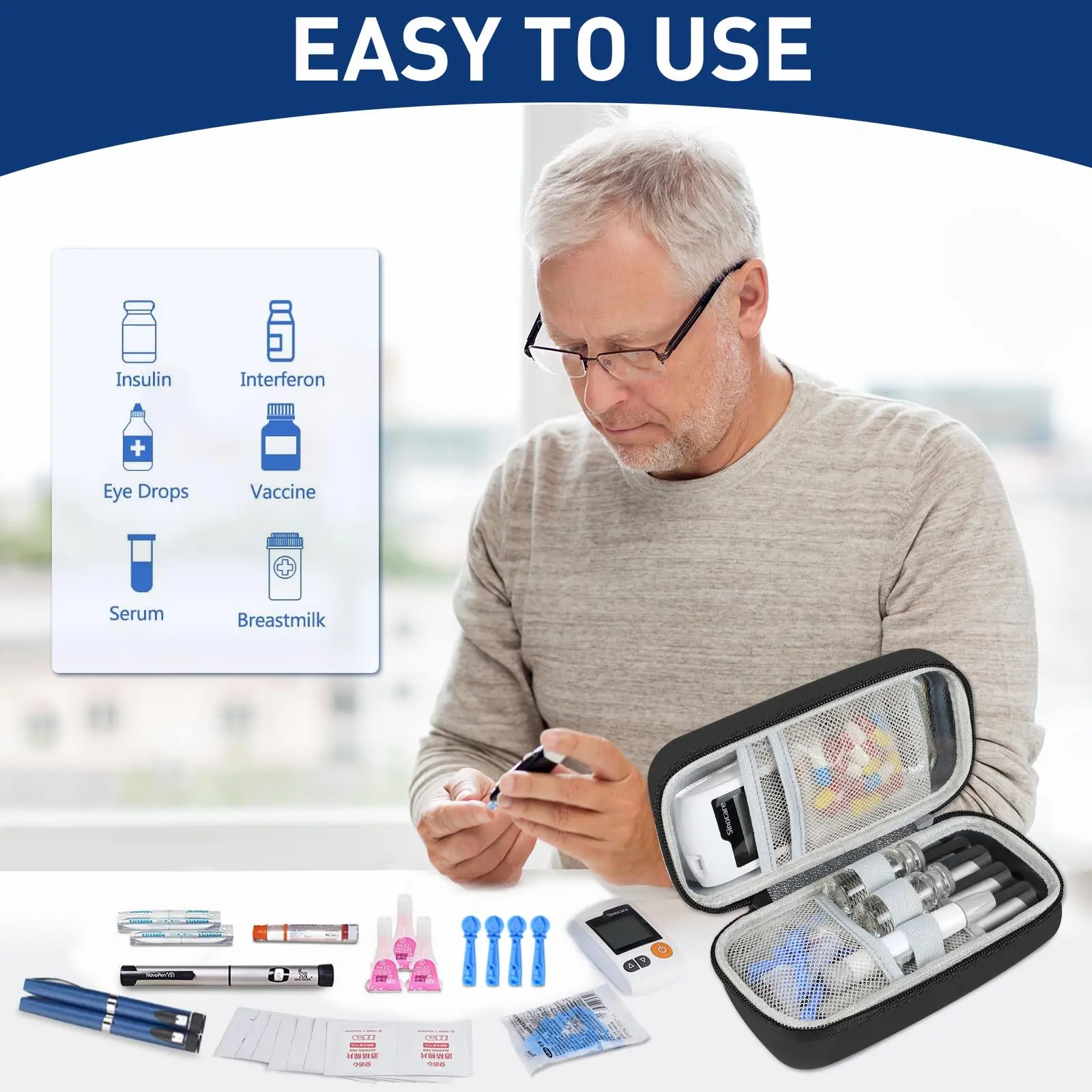Insulin Cooler Travel Case, Portable Temperature Display Medicine Travel Cooler, travel essentials,Diabetes Case with 2 Reusable Ice Packs TSA Approved for Diabetic Supplies Patent Pending