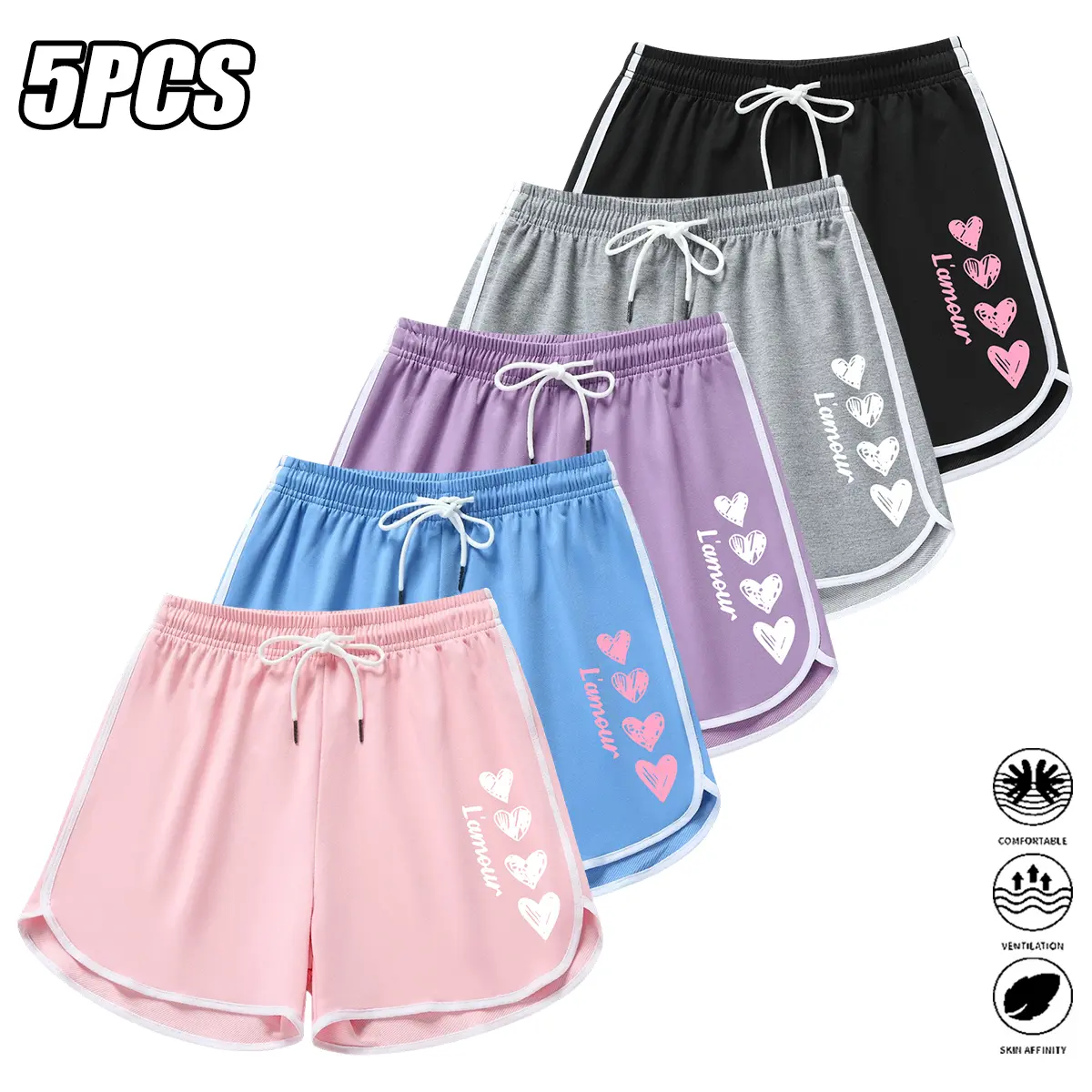 JOGWAVE 5PCS women’s shorts—sport shorts suitable for pairing with bodycon skirts; a must-have for back-to-school shopping; American-style running shorts — quick-drying, breathable, moisture-wicking; women’s shorts ideal for sports/casual yoga/beach wear;
