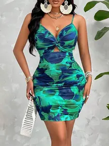 Amarilo Twist Strap Ruched Bodycon Mini Dress - Random Floral Print Black Summer Chic