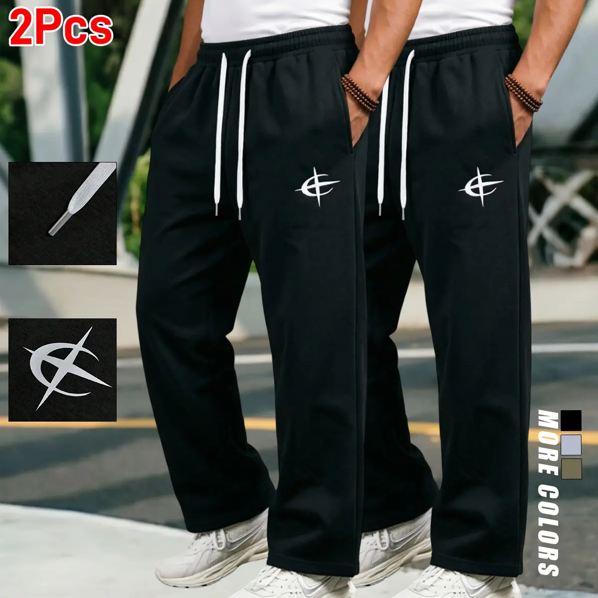 Men's Polyester Straight-Leg Activewear Pants - Stylish Minimalist, Star-and-Moon Pattern, Breathable Stretch, White Drawstring Waist, Loose Fit, Soft, Wrinkle-Resistant, Suitable for Hiking, Home Wear, Menswear