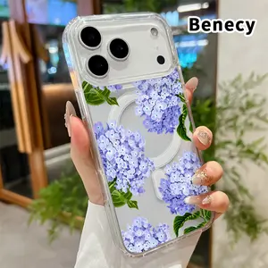 Clear Phone Case for iPhone 17 16  Pro Max Plus 15 14 13 12 11 Air E Lavender Hydrangea Grace  Pattern Magnetic Sunction Acrylic Back Full Body Protective Cover