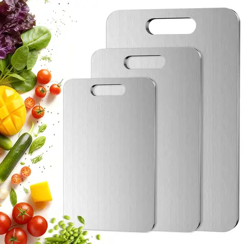 3-Piece Stainless Steel Rectangular Plain Chopping Board Set, Sturdy, Stable, Anti-Slip, Hygienic, Multifunctional for Home Kitchen Daily Chopping Work, Compact Design, Plain Chopping Boards