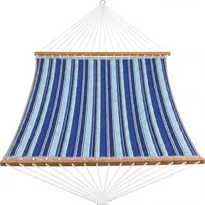 [NEW PRODUCT - FLASH SALE] Garvee Durable & Comfortable Double Quilted Hammock for 2 – Outdoor Patio Garden Use, Curved Wooden Spreader Bar, Pillow – Blue Stripe