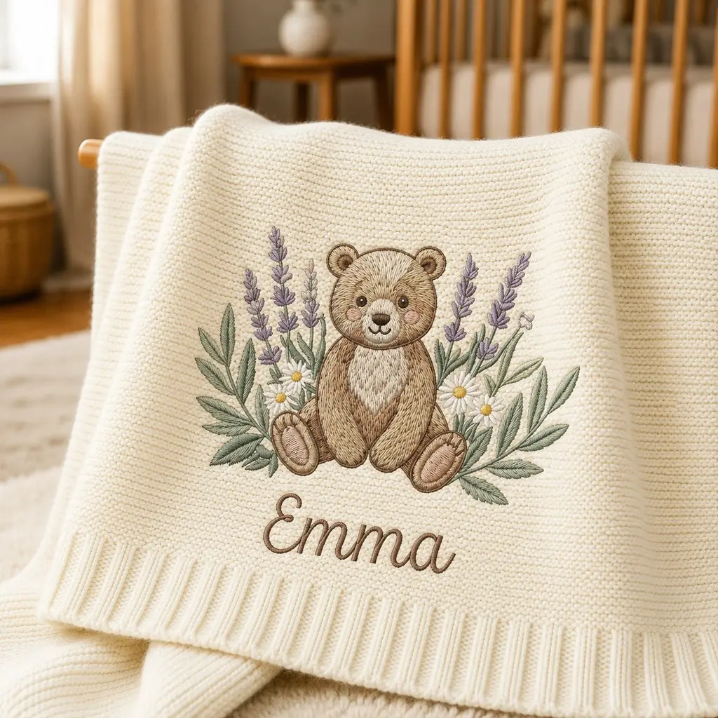 [Made-to-Order]Personalized Lavender Bear Embroidered Baby Blanket, Custom Name Knit Blanket with Floral Design, Woodland Nursery Keepsake, Newborn Baby Shower Gift
