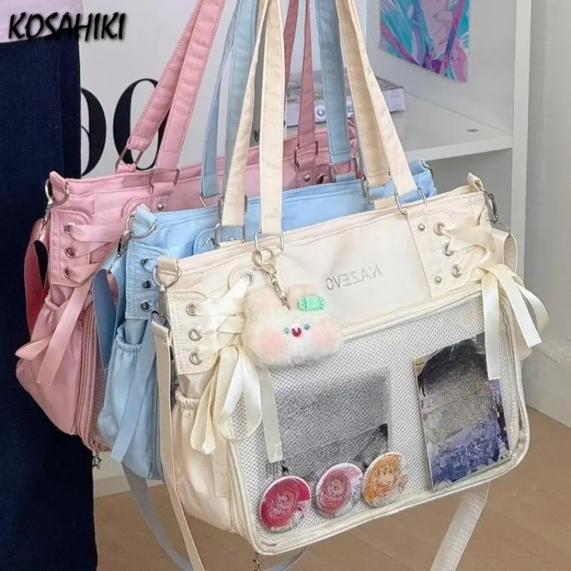 Japanese Y2k Casual Women's Handbags Students Transparent Bandage Bow Ita Bag Fashion Trendy All Match Shoulder Crossbody Bags