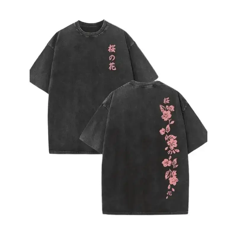 Japanese Cherry Blossom Double-Sided Cherry Blossom Pattern Print. Short Sleeve Washed T-Shirt 230g Cotton Double-Sided Washed All-Matching Fashionable Retro Batik High y2k,Vintage,Streetwear Christmas gift,Thanksgiving gift,Cyber Monday graphic tees