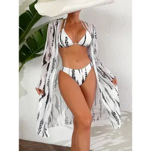 Women'S Strapless Bikini Set with Long Sleeve Cover-Up - High Stretch Polyester & Elastane, Random Print, Knit Fabric, Cross Strap Detail, Swimwear with Shorts Bottom, No Belt, 220g/m² Fabric Weight, 125g/m² Lining Weight