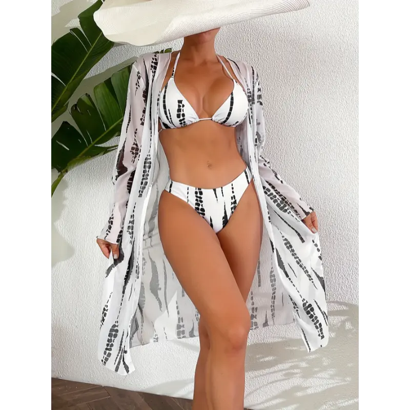 Women's 3-Piece Printed Swimsuit Set, Strapless Cross Strap Bikini Top with Shorts and Long Sleeve Cover-Up, High Stretch Elastane Knit Fabric, Swimming, Swimsuit For Women, Machine Wash, Three-Pieces, Cross Strap Top
