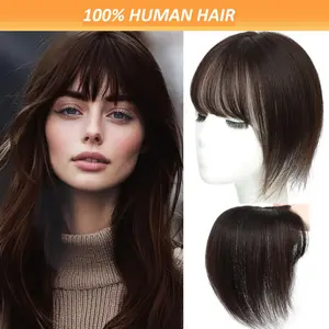 New Fashion Women's Human Hair Straight Hair Topper with Bangs & Layered Ends - Clip-In Hairpiece with Natural Brown Highlights, Dark Brown Base |   Realistic Hair Extensions for Daily Use, Suitable for All Light Beige Tones & Hair Types (Brown/Blonde/