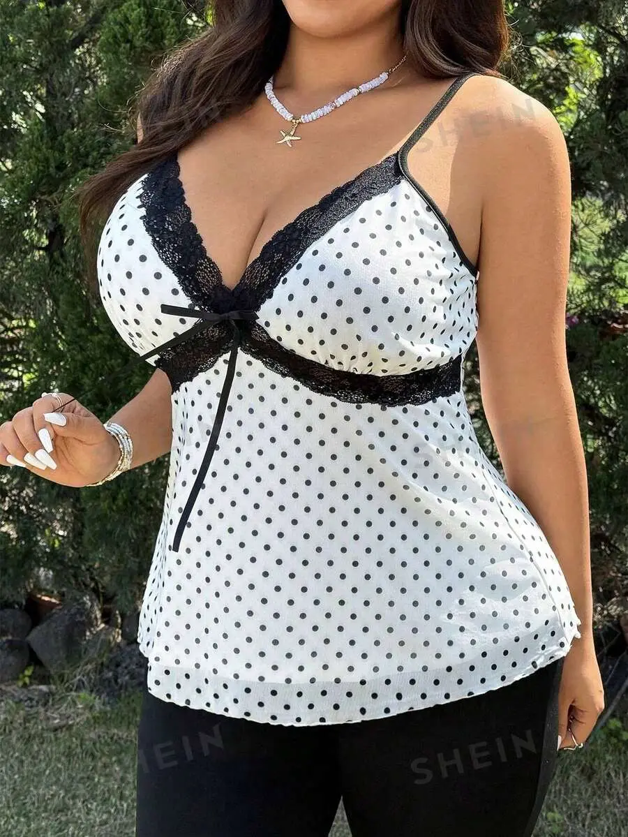 Women's Plus Size Spaghetti Strap Twist Camisole Top Polka Dot Knit Cami for Vacation Dinner