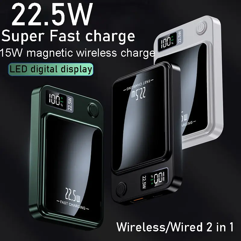 10000/5000mah Magnetic Wireless Power Bank, 22.5w USB PD Type-C Fast Charging, LED Display, Outdoor Travel Emergency Backup, New Year Gift