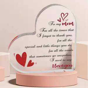 【Christmas Gift for Mom】Heart Shaped Acrylic Block for Moms,Flower Letter Pattern Decorative Ornament Inspirational Creative Gift from  Daughter Son