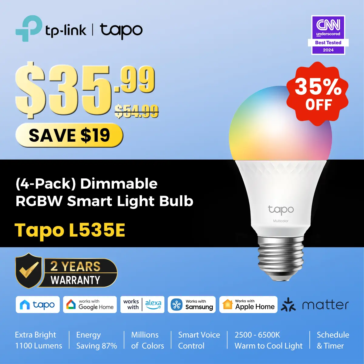 TP-Link & Tapo L535E(4-Pack) Smart Light Bulbs, 1100 Lumens High Brightness (75W Equivalent), Matter-Certified, 16M Colors WiFi Light Bulb, Dimmable, Works w/Siri, Alexa & Google Home,A19 E26 #SummerWins #DealsForYouDays