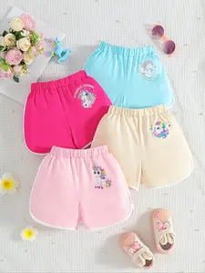 [4-Piece Set] Valentine's Day & Birthday Gift, Baby Girls' Summer Unicorn Print Shorts, Cute Sweet Style, Elastic Waist for Easy Wear, Multi-Color Options, Ideal for Daily Home Wear, Valentine's Day & Summer Outfits