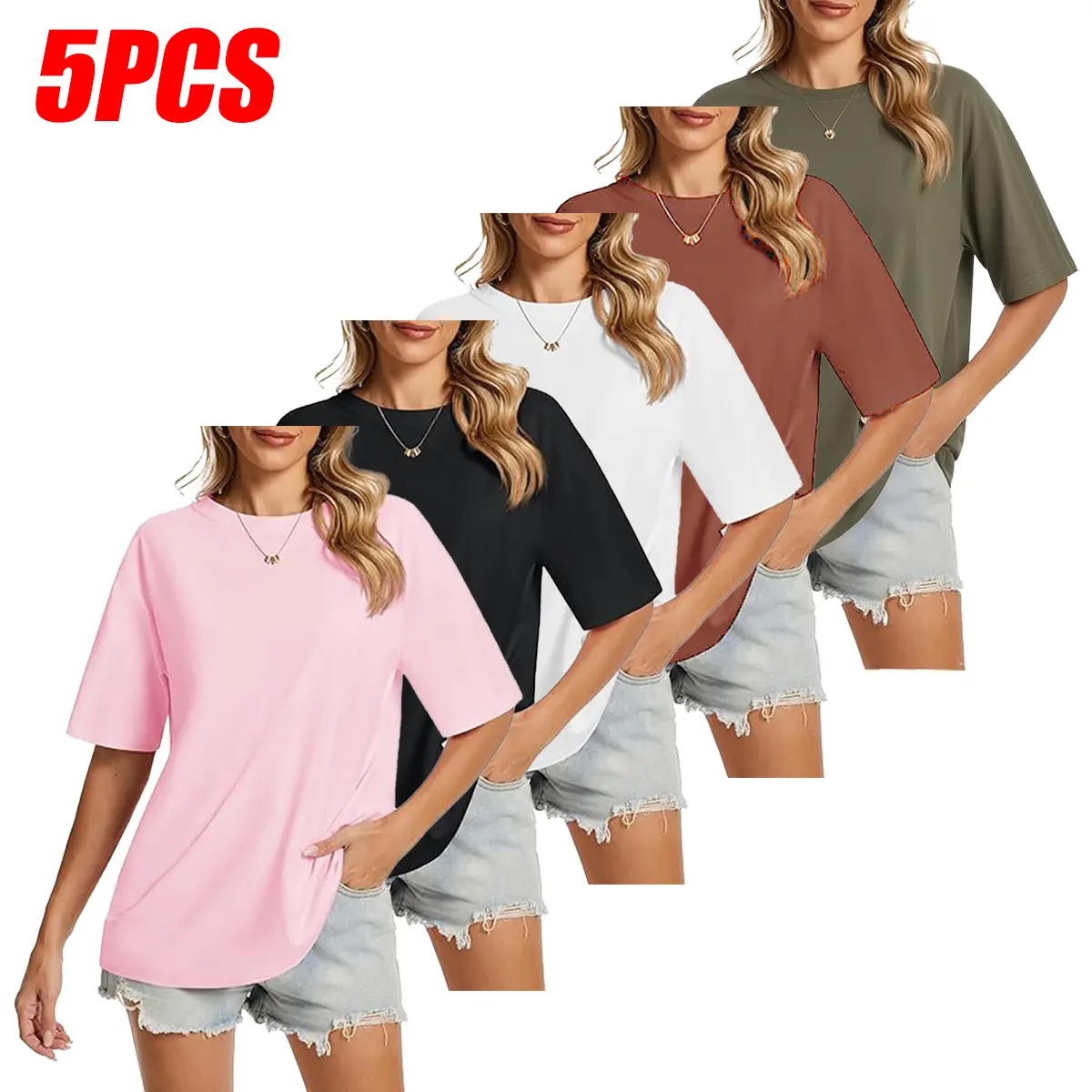 Women’s short-sleeve T-shirt set (5 pieces): loose solid-color crew neck casual tops for summer-women’s basic everyday T-shirts.summervibes