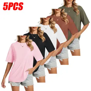 Women’s short-sleeve T-shirt set (5 pieces): loose solid-color crew neck casual tops for summer—women’s basic everyday T-shirts.summervibes