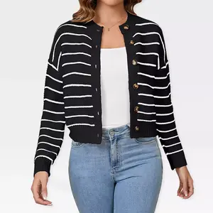 Women's Striped Cropped Cardigan with Front Button Down - Sweater Knit Outerwear for Everyday Wear,Black - XL