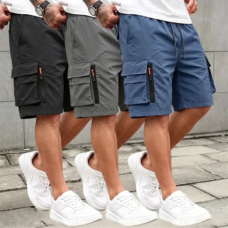 Men's Rugged Cargo Shorts - Menswear, Multi-Pocket Baggy Cargo Style, Quick-Drying, Wear-Resistant, Plain Casual Polyester Mid-Length Workwear & Outdoor Shorts, Casual Polyester Shorts, Cargo Men's Shorts