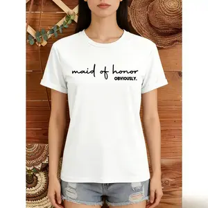 Womens Cotton Crewneck Graphic Tee Maid Of Honor Obviously Bachelorette Party Bridal Shower Wedding Weekend Matching Bridesmaid Gift Shirt