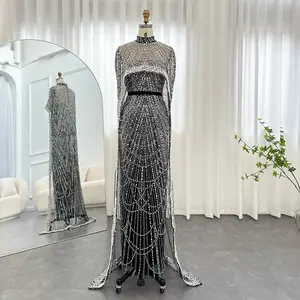 New for 2024: Luxury Champagne Dubai Evening Dresses with Pearls and Cape, Perfect for Arabic Women's Mermaid Wedding Party and Prom Dress