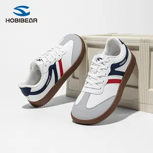 HOBIBEAR Wide Toe Casual German Trainer Shoes, PU Leather Upper, Flat Sole, Lace-Up, Lightweight, Retro Style Sneakers
