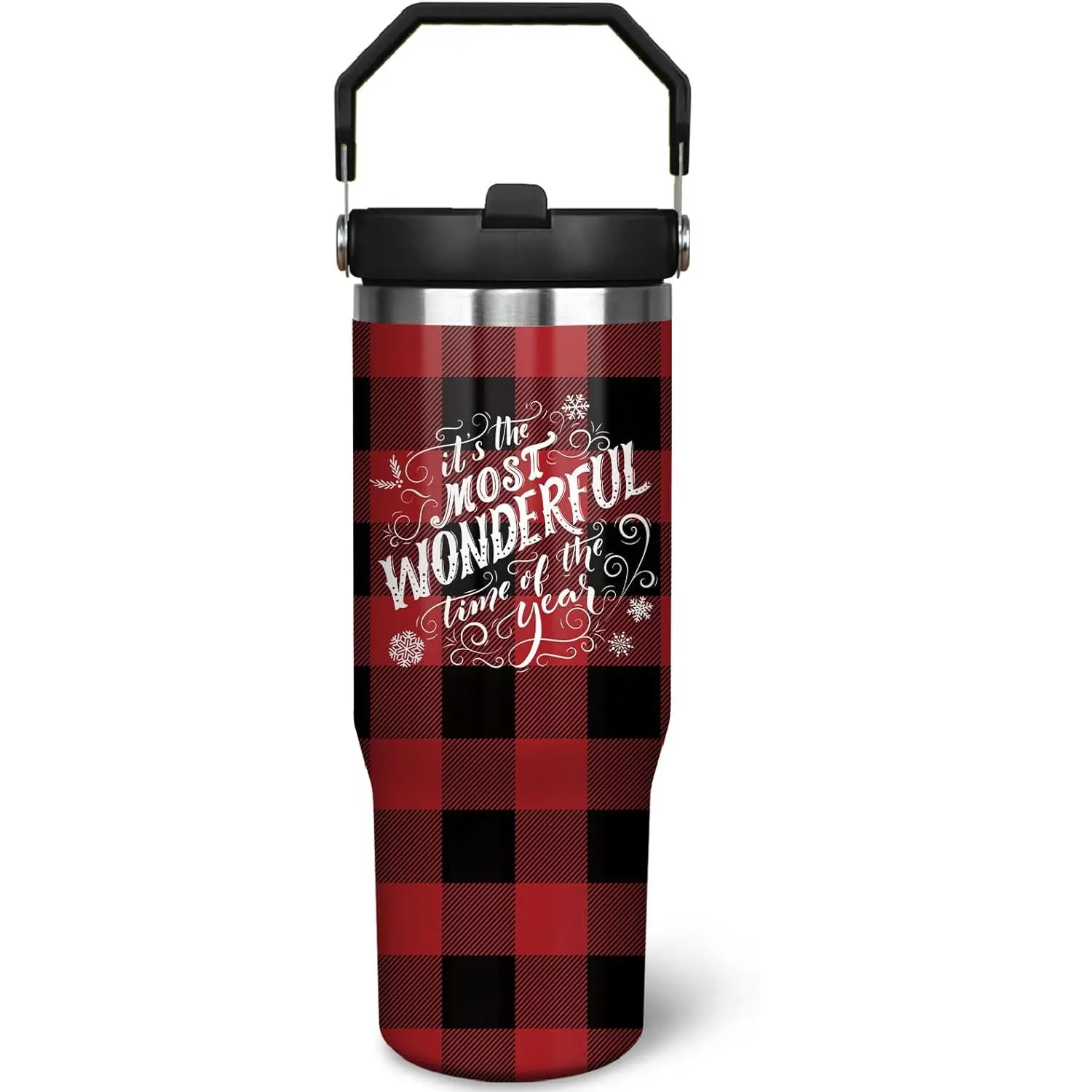 30oz Portable Stainless Steel Insulated Vacuum Tumbler Mug - Kitchenware Drinkware with Handle, Flip Straw, Spill-Proof Lid, Buffalo Design, for Coffee - Insulation Gift for Mom, Sister, Best Friend, Daughter (Birthday, Mother's Day)