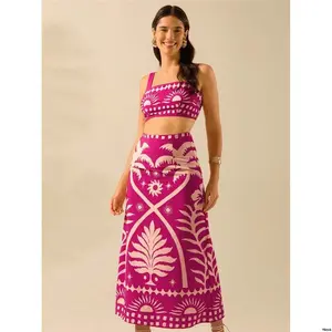 CAJUNI2pcsWomenSummerVacationSunAndCoconutTreePrintCroppedCamiTopAndFittedMaxiSkirtCasualTropicalBohoSet