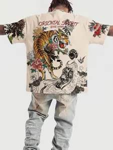 American Street Hip Hop Ukiyo-E Print Oversize T-Shirt, Men's Vintage Washed Loose Fit Short Sleeve Top, Casual Fashion Apparel