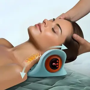 Blue electric portable multi-functional cervical massage pillow, portable massage device for neck stretching, with heating and microcurrent functions for traction, for relaxing and repairing the neck, shoulders and body muscles, USB rechargeable household