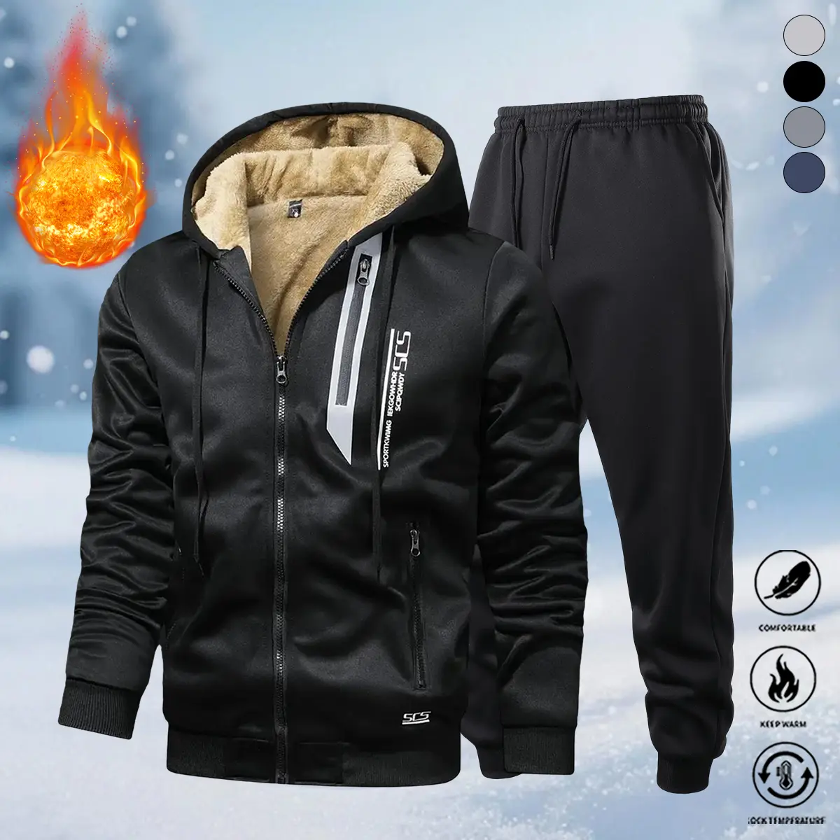 Solid-color fleece zip-up hooded jacket and thick fleece jogger pants, 2-piece set. Pants have a drawstring and pockets on both sides. Suitable for everyday casual wear, outdoor sports, commuting to work, workouts, travel, hiking, and more.