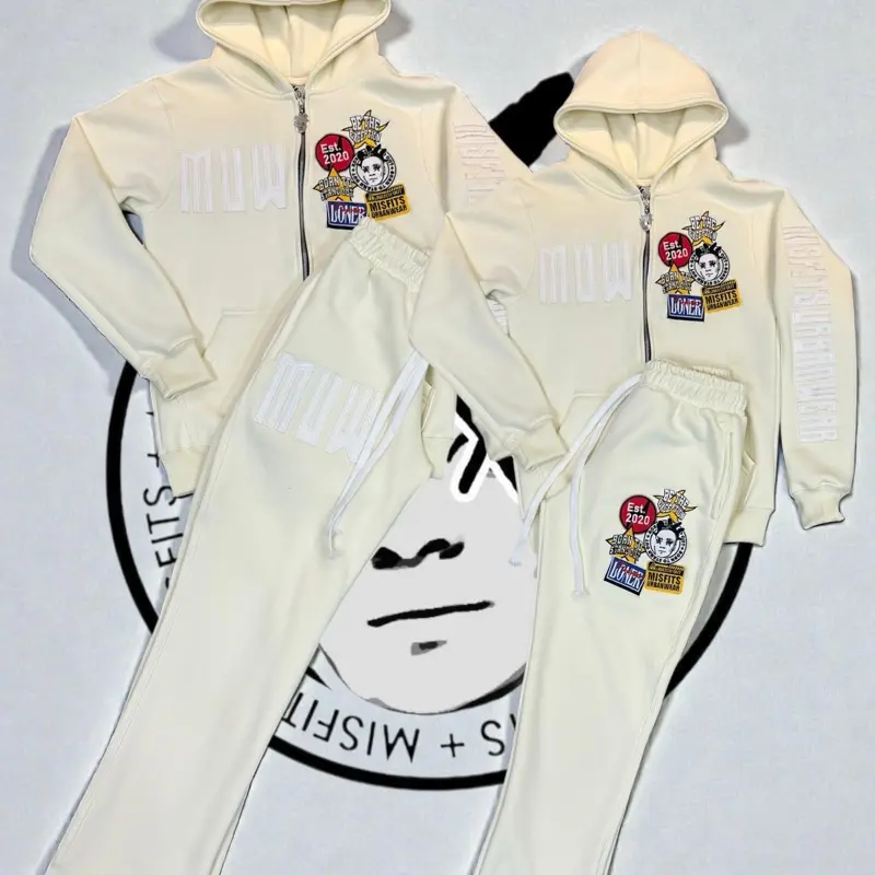 Cream Patchwerk Pink Hoodie & Jogger Set with MUW Logo and Embroidered Badges