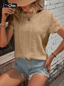Women's Plain Eyelet Embroidery Hollow Out Tee, Casual Chic Scallop Trim Short Sleeve Round Neck T-shirt for Summer, Ladies Clothes for Daily Wear
