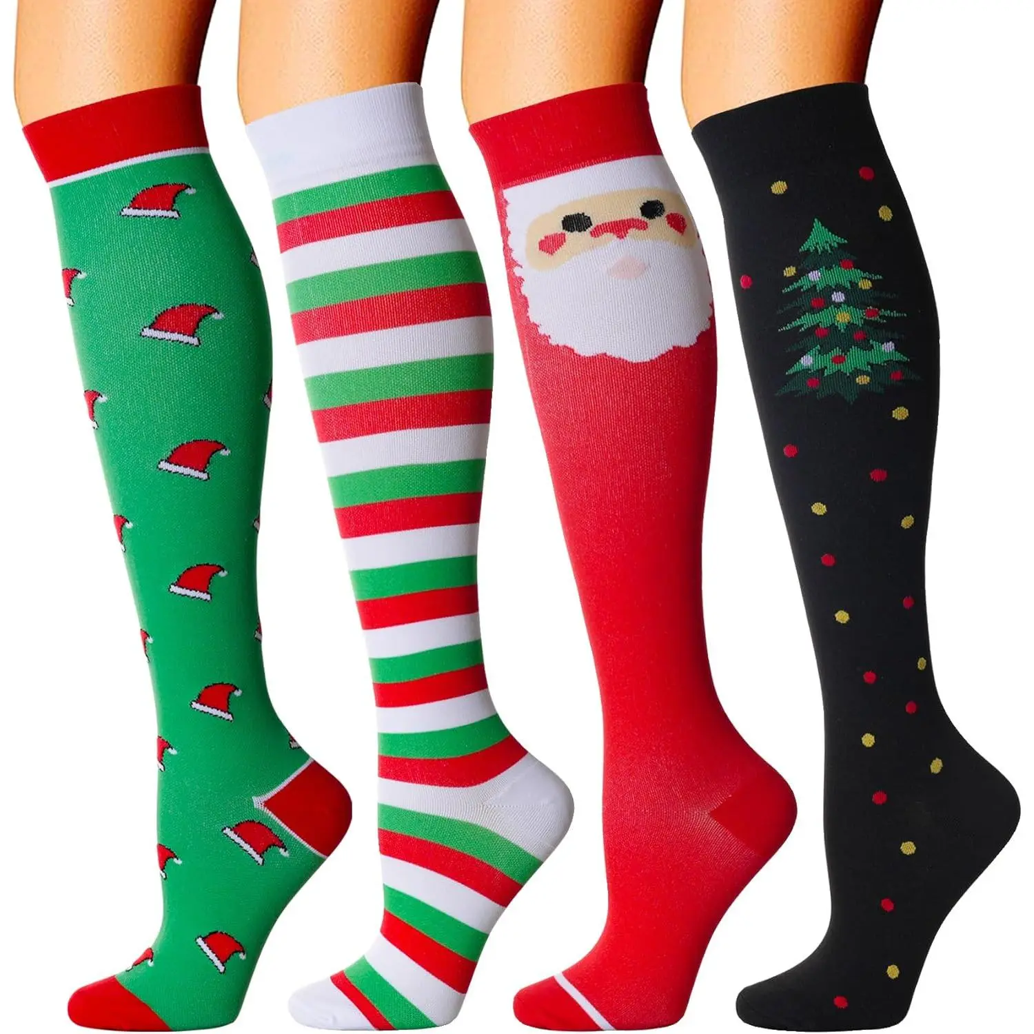 Christmas Compression Socks for Men and Women 4 Pairs Knee High Socks with Santa Elf Tree Patterns