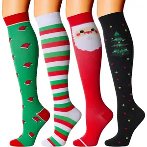 Christmas Compression Socks for Men and Women 4 Pairs Knee High Socks with Santa Elf Tree Patterns