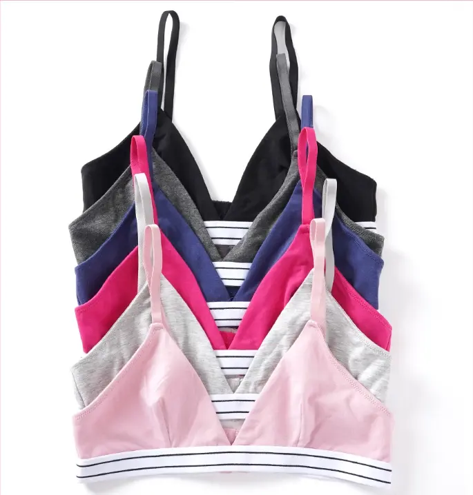 68872 Women's 6-Pack Soft Cotton Triangle Bralettes – Elastic Striped Band, Multi-Pack (Pink, Grey, Magenta, Navy, Dark Grey, Black)