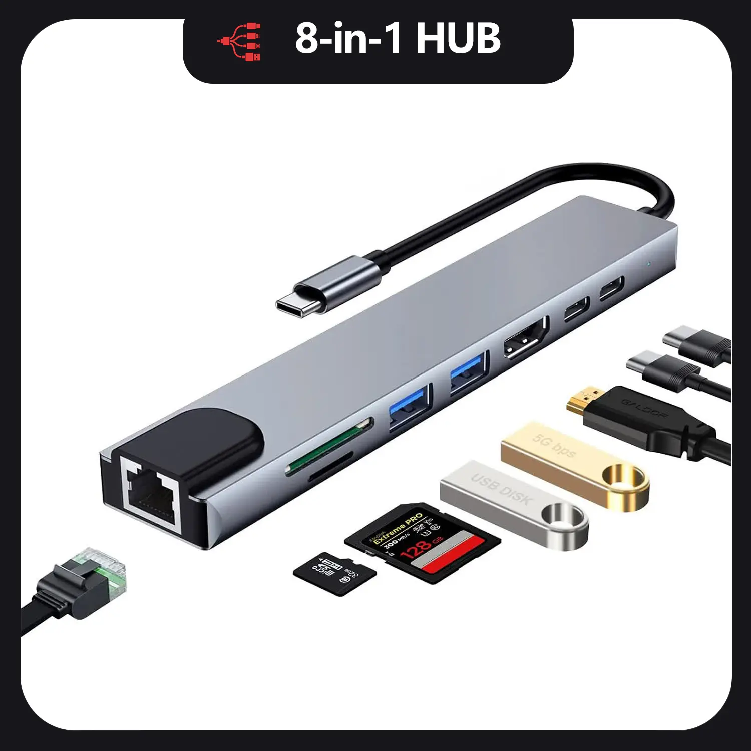 8 in 1 USB C Multiport Hub Adapter with Gigabit RJ45 Ethernet, 4K HDMI, SD TF Card Reader, USB3.0, 100W PD Charging Docking Station for MacBook Windows Laptop