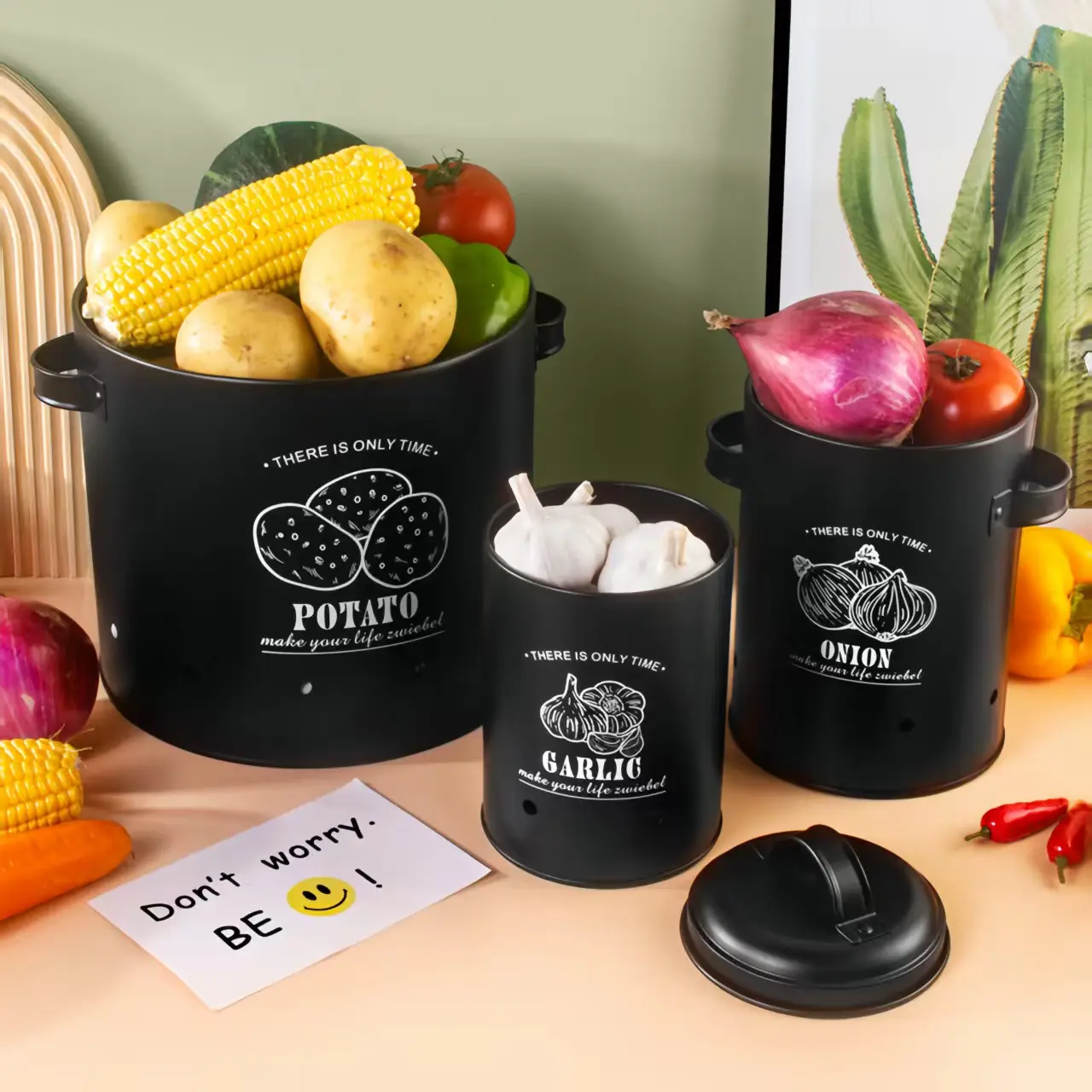 3-Pack Round Airtight Vegetable Storage Containers Set - Farmhouse Kitchen Organization Kits, Ventilated Countertop Pantry Keepers for Potatoes, Onions, Garlic, Leakproof Freshness-Preserving Gift Canisters