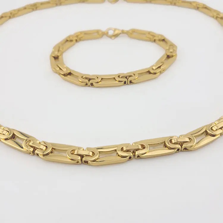 Ethnic Fashionable Gold Stainless Steel Link Chain Necklace and Bracelet Set, 2-Piece Jewelry Set for Evening Wear
