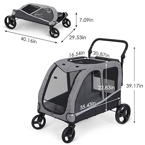 Large Dog Stroller Red Foldable Design with Adjustable Handle for 2 Dogs Up to 160 lbs Pet Wagon Carriage with Pocket