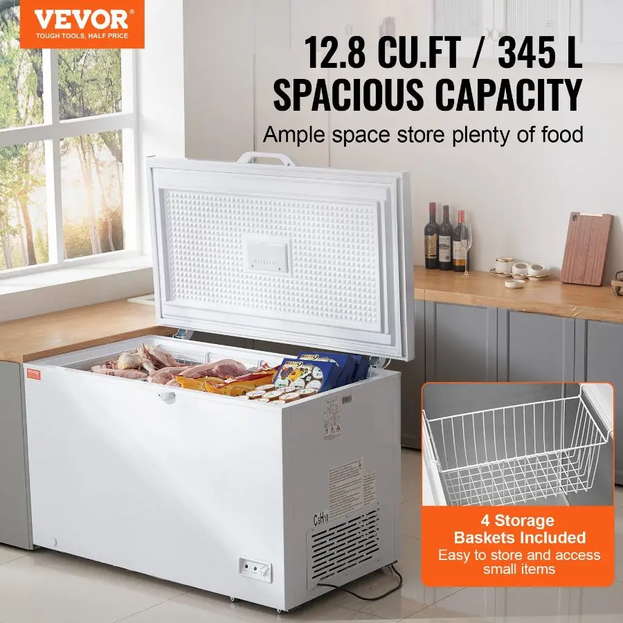 【DealsForYouDays】VEVOR Chest Freezer, 12.8 Cu. ft/ 345 L Large Deep Freezer 4 Removable Baskets, Freestanding Top Open Door Commercial Chest Freezers with Locking Lid, 7-Level Adjustable Temp, LED Lighting, 6 Wheels