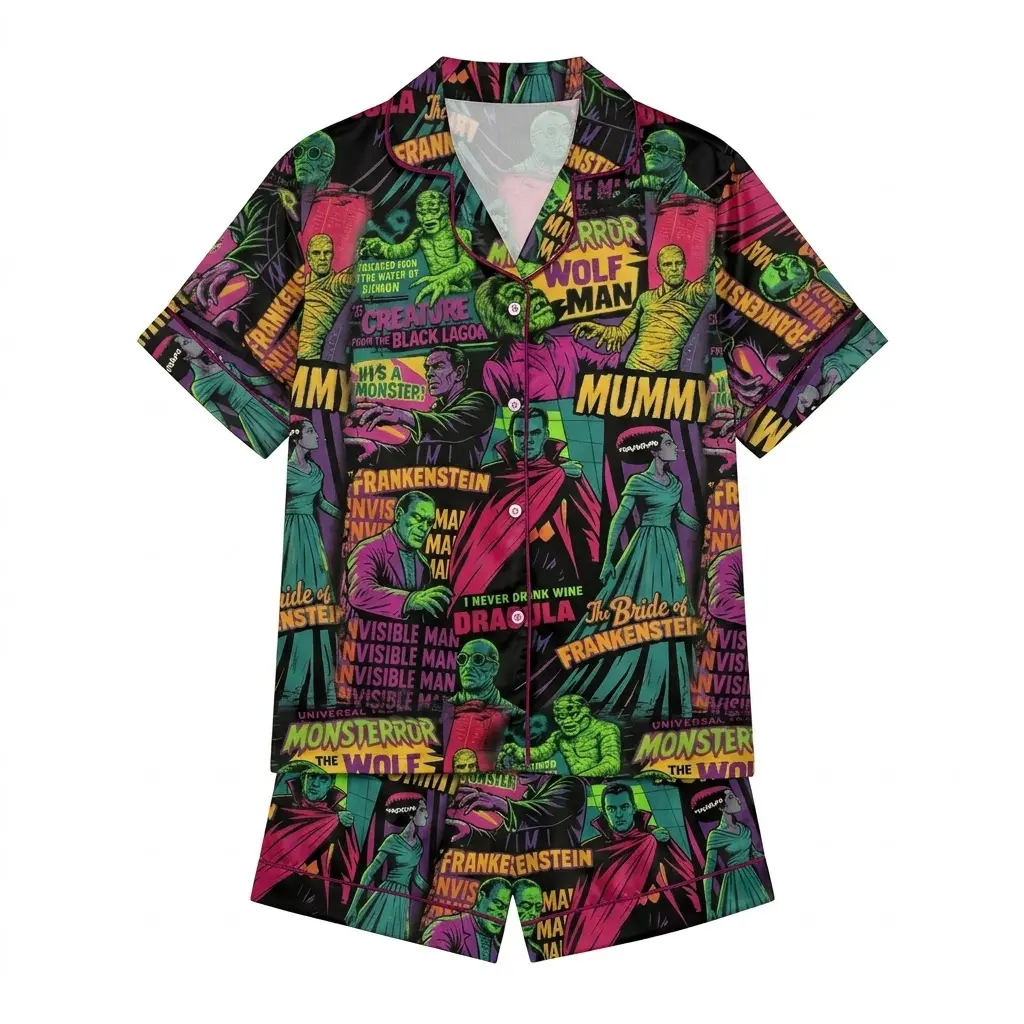 Universal Monsters Satin Pajama Set, Frankenstein Dracula Mummy Wolf Man Classic Horror Design, Halloween Gift for Horror Fans